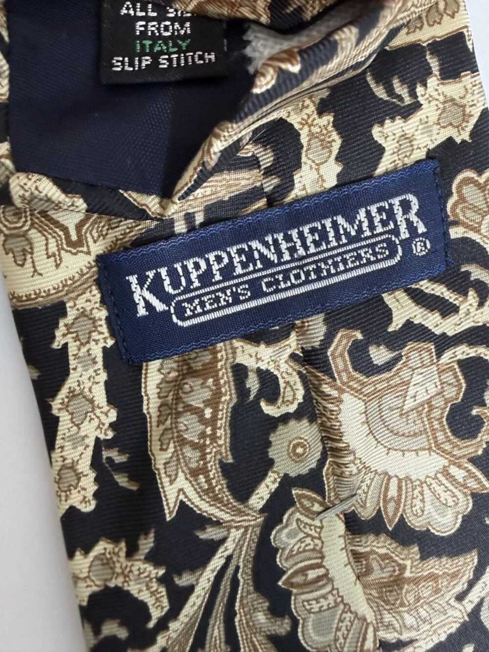 Vintage Kuppenheimer Tie Italian Silk Made USA Paisley Black Gold Tan Baroque